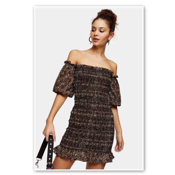 Topshop | Dresses | Topshop Mini Dress Shirred Bardot Animal Print |  Poshmark
